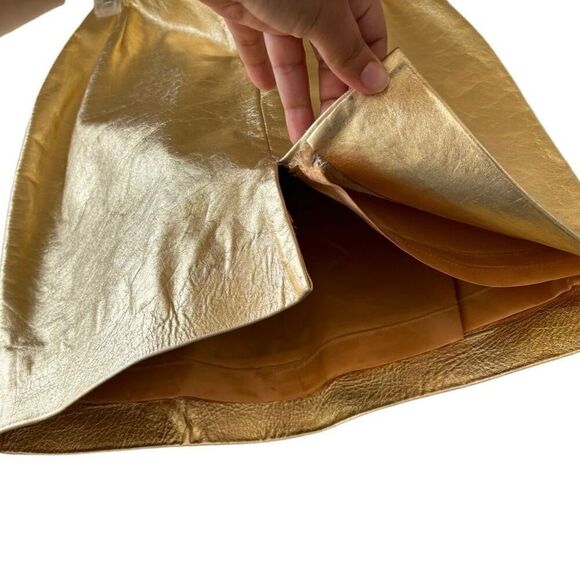 Vintage Genuine Leather Arrow Metallic Gold Pencil Skirt Pleated Back Slip Zip - Picture 6 of 8